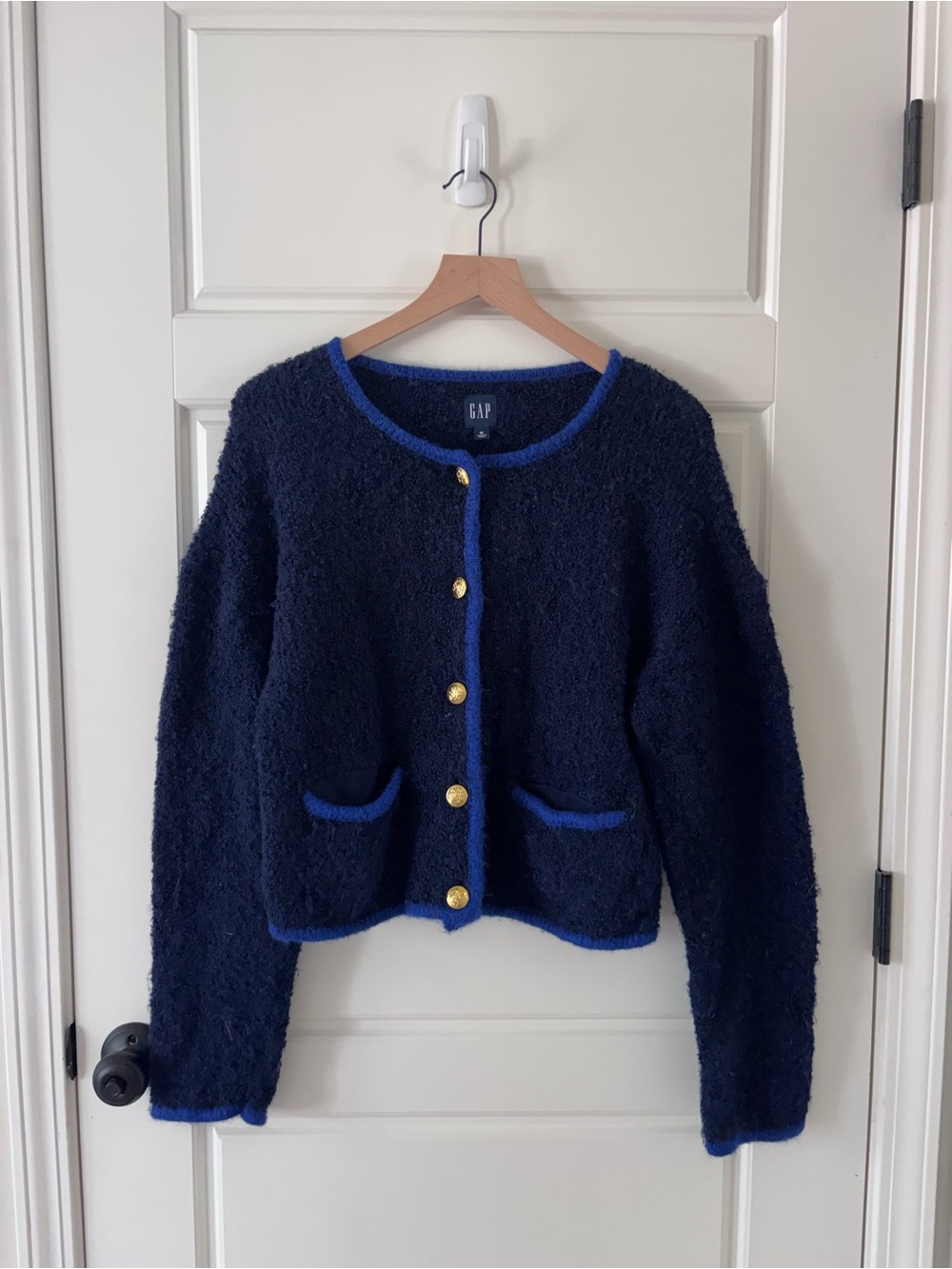 GAP Navy Bouclé Cardigan with Blue Trim and Gold Buttons